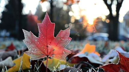 Fototapeta premium Vibrant red maple leaf with dew drops in a colorful autumn landscape at sunset