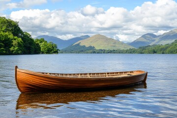 Fototapeta premium Peaceful Wooden Rowboat on Calm Summer Lake