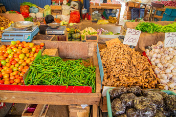 Obraz premium variety of vegetables, fruits, cereals and dried fish in Sri Lanka