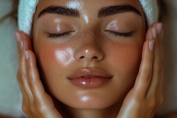 Young woman enjoying a facial treatment while relaxing in a spa, promoting skincare and self-care habits