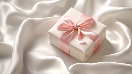 Valentine's Day Gifts Concept. Elegant White Gift Box with Pink Ribbon on Satin