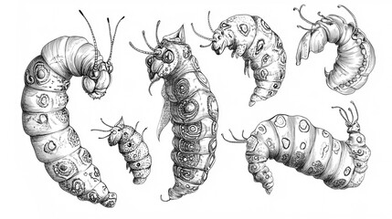 Line art of a collection of beautiful caterpillars with intricate patterns