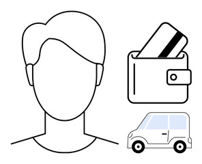 Simplified line drawing of a human face, a wallet with a card, and a compact car. Ideal for identity verification, financial transactions, transportation, consumer products, mobile apps, graphic