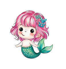 Cute watercolor illustration of a cheerful mermaid with pink hair and vibrant tail swimming happily under the sea