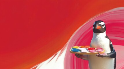 Colorful penguin artist showcasing vibrant paints against a striking backdrop in a creative studio