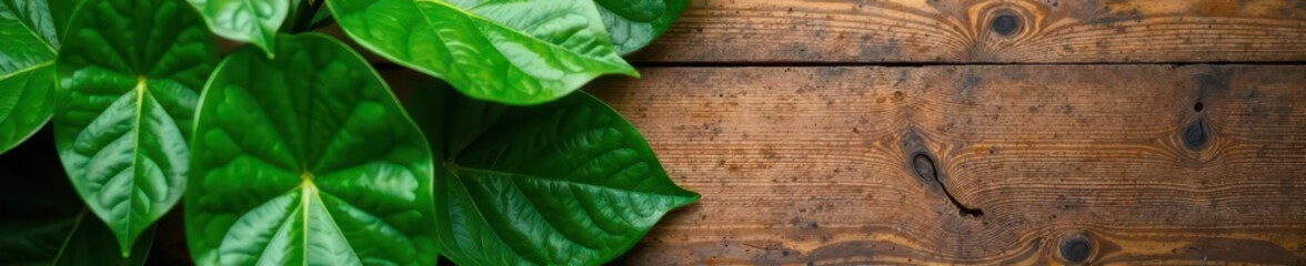 Overlapping philodendron paraiso verde leaves on a wooden table top, wood, texture, natural