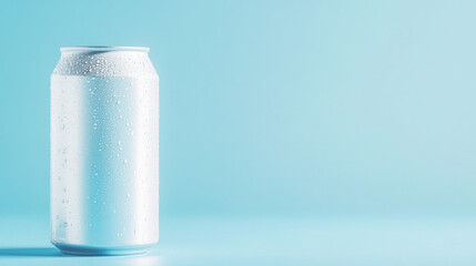 Minimalist metal can on pastel blue background with water droplets for refreshing beverage concept