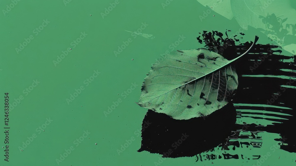 Aufkleber a single green leaf floating on a vibrant green surface with abstract patterns in the background