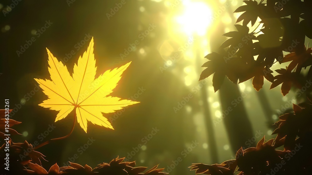 Poster golden maple leaf illuminated by sunlight amidst a serene forest backdrop with soft bokeh