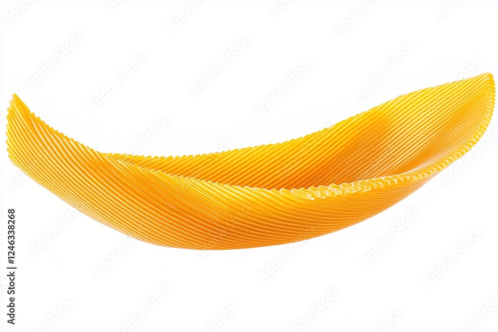 Poster abstract yellow pasta shell shape against white backdrop with ribbed texture and curved form