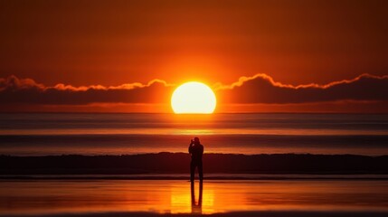 Majestic Ocean Sunset: A Solitary Figure Witnesses a Breathtaking Golden Hour