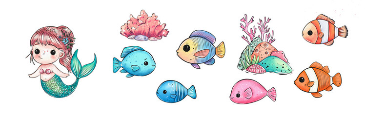 Cute watercolor depiction of a mermaid surrounded by colorful fish and coral in an underwater setting