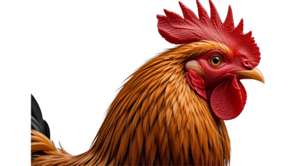 Close-up portrait of a vibrant red and orange rooster with detailed feathers and sharp features on a white background