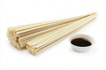 Pile of Fresh Udon Noodles with Soy Sauce in a White Bowl on a Clean White Background