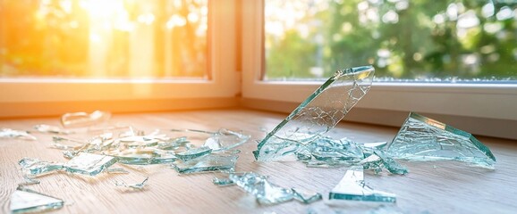 Shattered glass near sunlit window, green background, accident scene, insurance claim