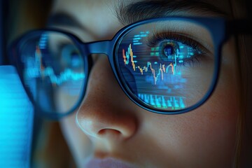 Young woman analyzes stock market trends while wearing glasses in a modern workspace during evening hours