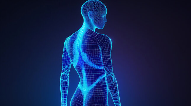 AI generative. Human body digital abstract. Wireframe silhouette of polygon. Body anatomy blue lines on dark background. Futuristic style man model 3d illustration. 150