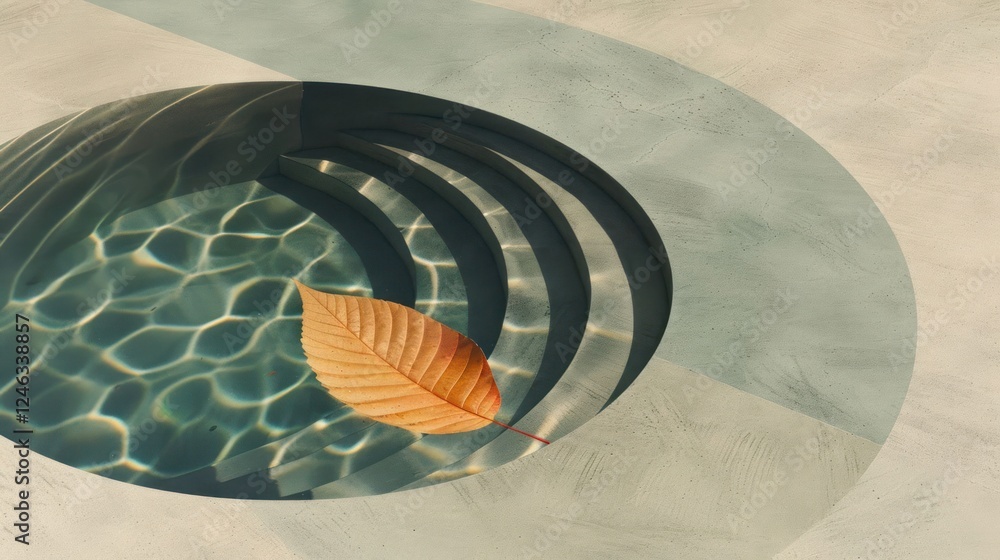 Poster serene water feature with a single leaf floating, showcasing tranquil steps and soft ripples