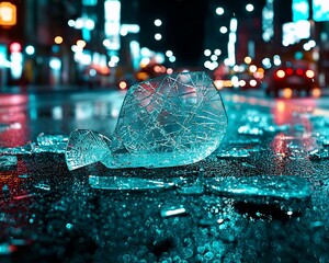 Shattered glass on city street at night, blurry background