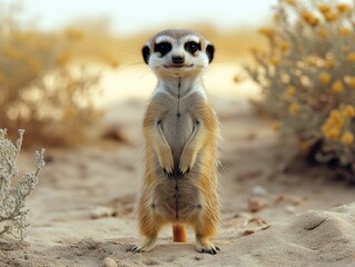 Fototapeta premium Curious meerkat standing upright and observing its surroundings in a sandy desert environment during daylight hours