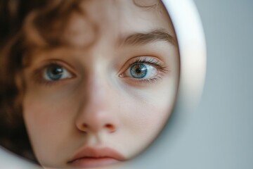 A person with curly hair is looking intently into a mirror, where their reflection appears slightly distorted, creating a mysterious and unsettling atmosphere in a softly lit room