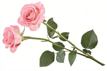 Obraz premium Two delicate pink roses with green leaves against a clean white backdrop soft romantic light
