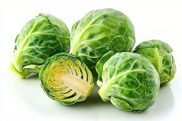 Fresh Brussels Sprouts Displayed on a White Background with One Cut in Half to Show Layers