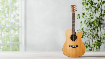 Acoustic guitar on wooden table, plants & window