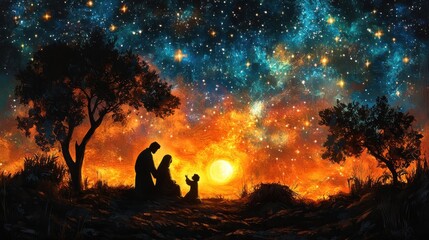 Fototapeta premium the nativity silhouette of the holy family in the stable during the starry night digital illustration stained glass effect