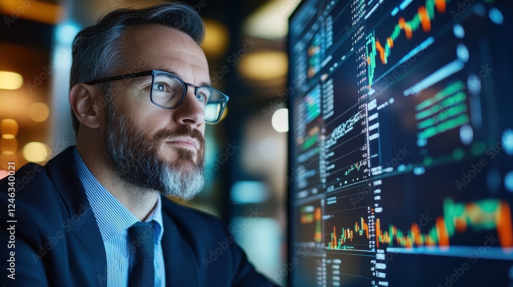 Poster professional man analyzing financial data on computer screen in modern office setting during evening
