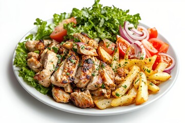 Fototapeta premium Delicious Chicken Souvlaki Plate with Fresh Salad Tomatoes Onions and Crispy Golden Fries