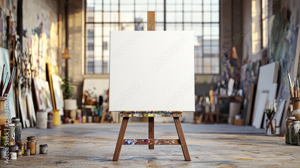 Poster art studio with empty canvas on easel in bright natural light during late afternoon