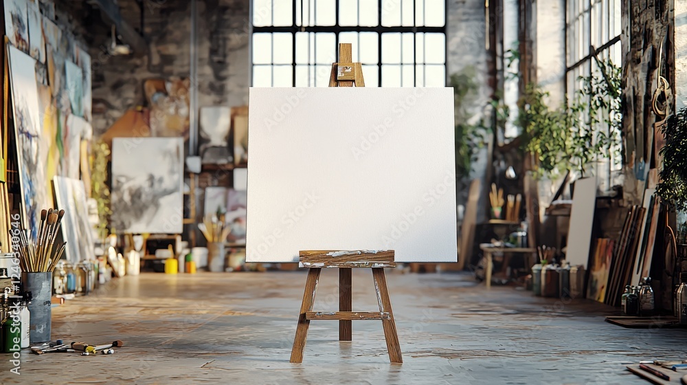 Poster creative workspace features a blank canvas on an easel surrounded by artistic tools and vibrant pain