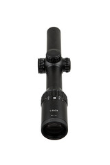 A black rifle scope with adjustment knobs and magnification settings, ideal for precision shooting...
