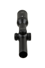 A black rifle scope with adjustment knobs and magnification settings, ideal for precision shooting and hunting. Isolate on white back