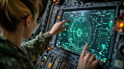 Female soldier using advanced military technology.