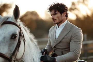 Fototapete In a serene setting, an equestrian rider dressed in tailored luxury gear sits confidently on a polished saddle, exuding elegance under soft, warm lighting as the day gently transitions to evening © Kassiopeia 
