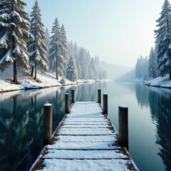 A small wooden dock in a quiet harbor with snow-covered trees, rustic, serene