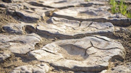 Ancient dinosaur tracks etched in cracked mud, with sparse vegetation and a pristine blue sky, illustrating prehistoric life.