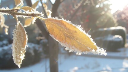 Frost-covered yellow leaf glistening in sunlight amidst a winter landscape with blurred background