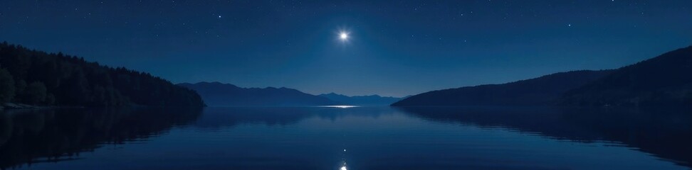 Fototapeta premium A single star shining over the lake's dark surface, serenity, reflection, water