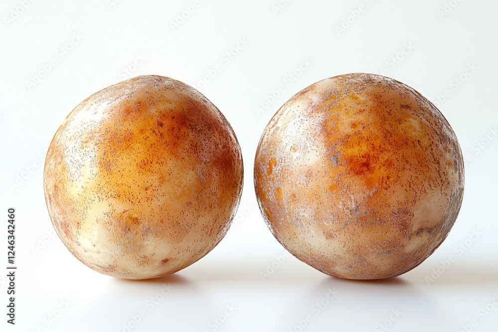 Poster two abstract spheres with textured surface on white background for creative design projects
