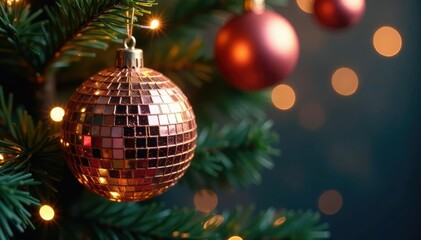 Obraz premium Twinkling disco ball hangs from Christmas tree branch, glittery, disco balls