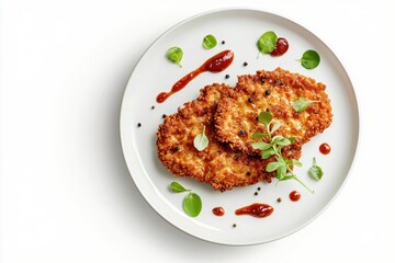 Fototapeta premium Delicious schnitzel served on a white plate with fresh green herbs and spicy red sauce