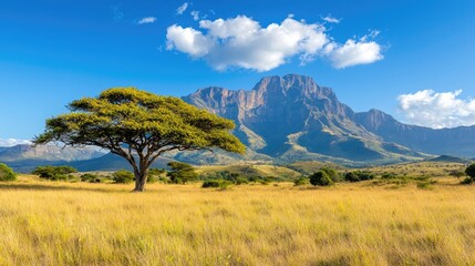 African savanna landscape, majestic mountain backdrop, acacia tree, sunny day, travel photography