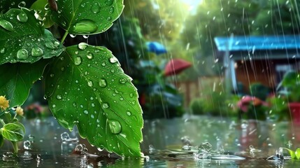 Fototapeta premium Close-up of raindrops on vibrant green leaves with a blurred garden and colorful umbrellas in background