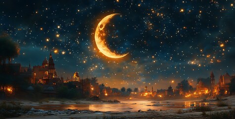 Naklejka premium Starry night sky with a crescent moon over a shimmering river and lit buildings