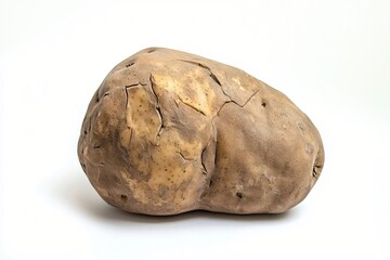 Naklejka premium Rustic potato tuber on white backdrop showcases earthy tones and organic textures in macro detail