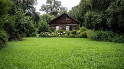 Rustic wooden cabin garden tranquil landscape