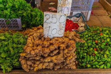 wide variety seasonal vegetables and fruits Crowded central food Market Colombo.